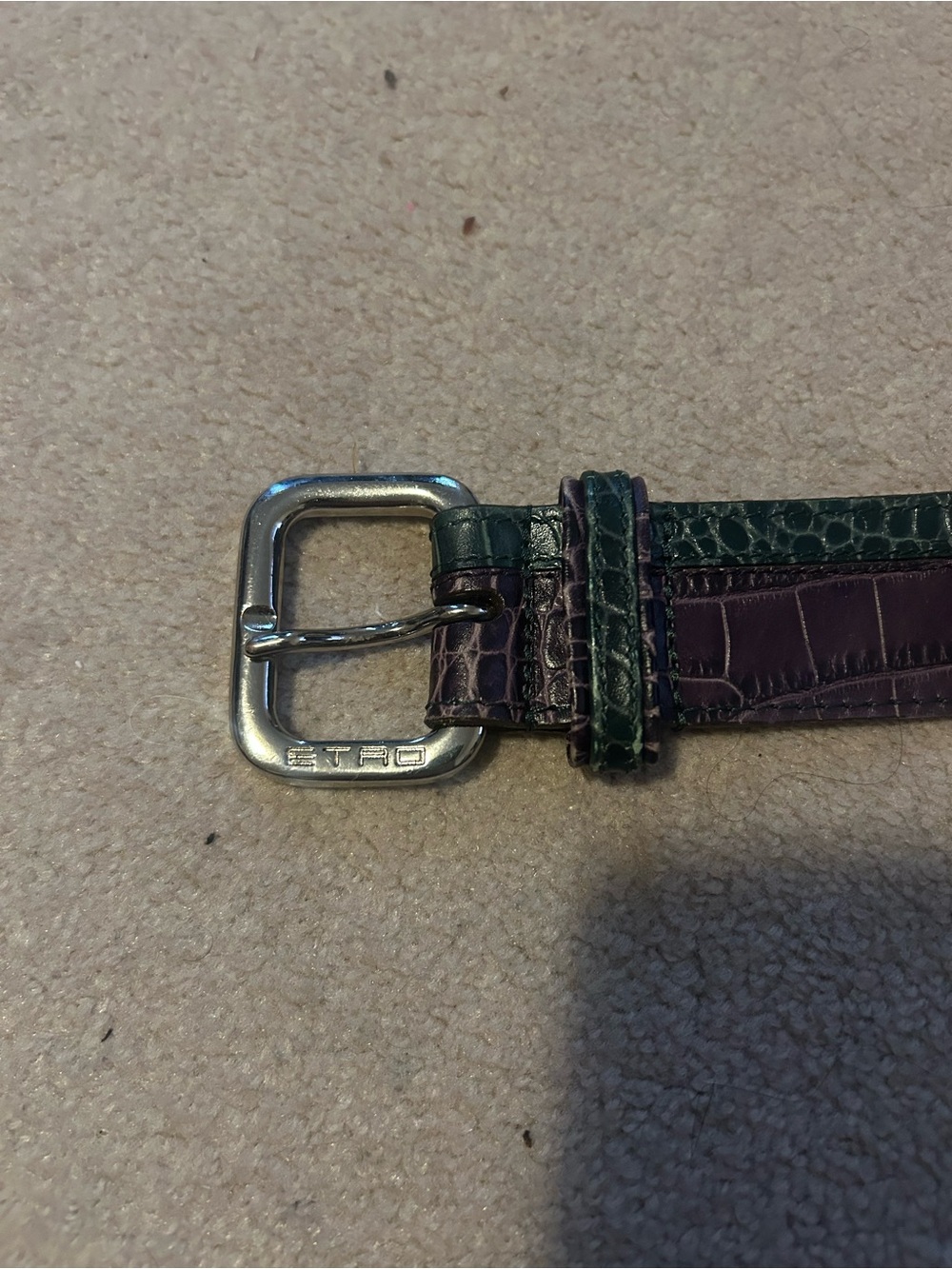 Etro Purple and Dark Green Croc-Embossed Leather Belt with Silver Buckle